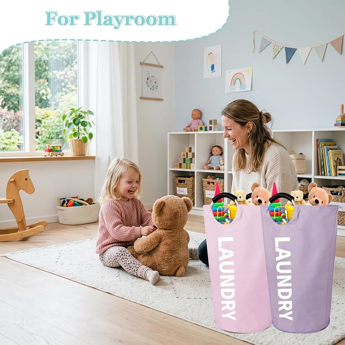WOOHA Collapsible Laundry Hamper, 95L Large Laundry Basket with Handle, 600D Oxford Fabric Dirty Clothes Hamper, Standing Clothes Basket for Bathroom, Dorm, Laundry Room, Pink+Purple - Image 3