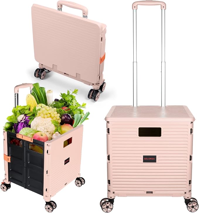 Foldable Utility Cart Portable Rolling Crate Handcart Shopping Trolley Collapsible 4 Rotate Wheels with Durable Heavy Duty Plastic Telescoping Handle for Travel Shopping Moving Storage Office Use by FELICON