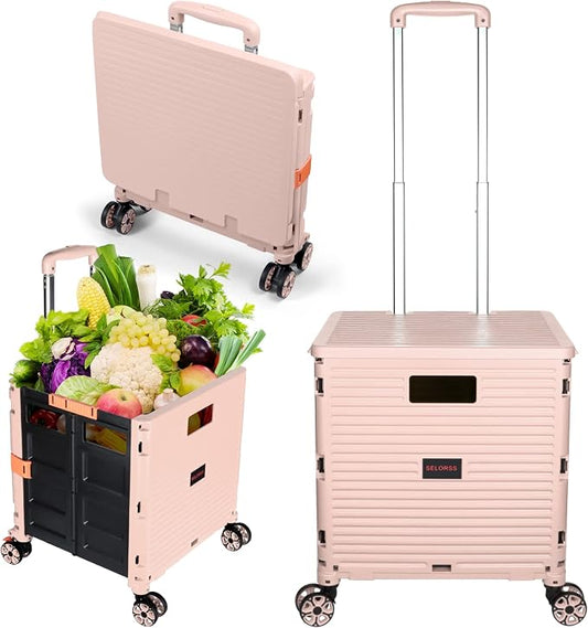 Foldable Utility Cart Portable Rolling Crate Handcart Shopping Trolley Collapsible 4 Rotate Wheels with Durable Heavy Duty Plastic Telescoping Handle for Travel Shopping Moving Storage Office Use by FELICON