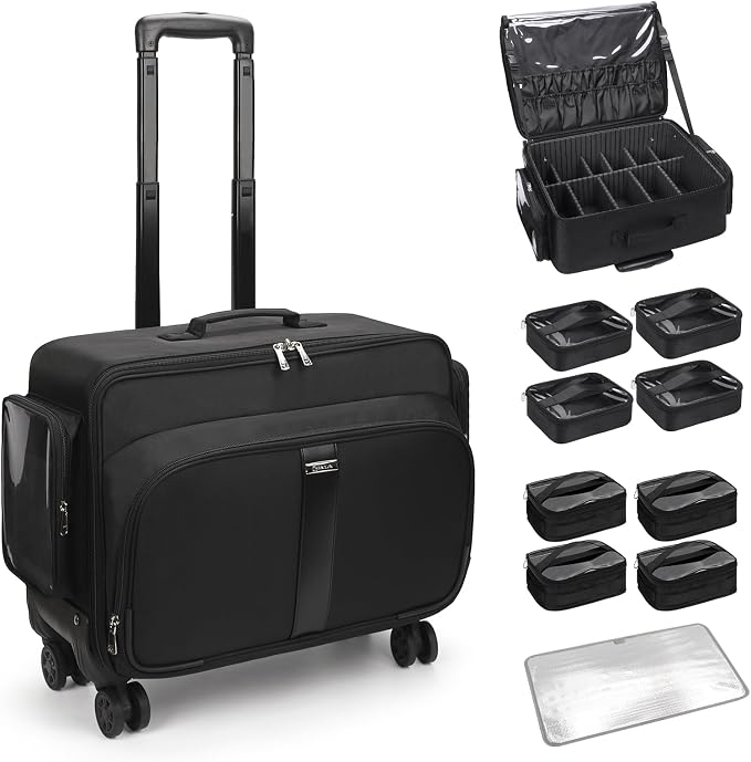 Bagmoly Rolling Makeup Case with 8 Removable Makeup Bags, Makeup Train Case on Wheels Cosmetology Case, Professional Makeup Artist Set Bags Trolley Suitcase Makeup Cart with Adjustable Dividers by OrganizeYourMakeup