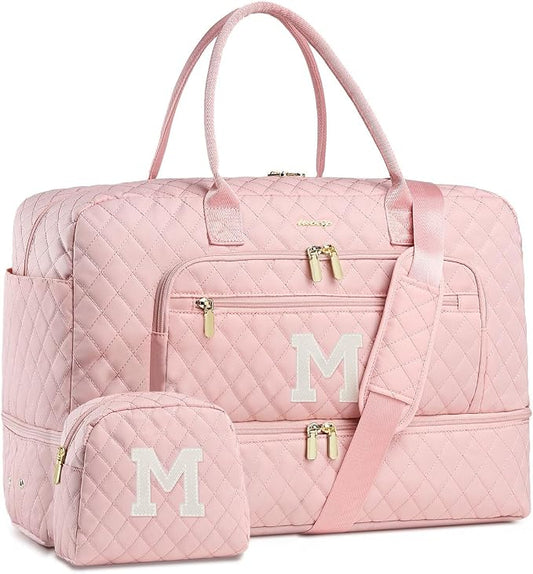 Initial Travel Duffle Bag for Women - Pink Personalized Weekender bags Overnight Bag with Shoe Compartment & Wet Pocket Weekend Tote Bags with Toiletry Bag Monogram Xmas Gifts (Letter M) by LUOCIP