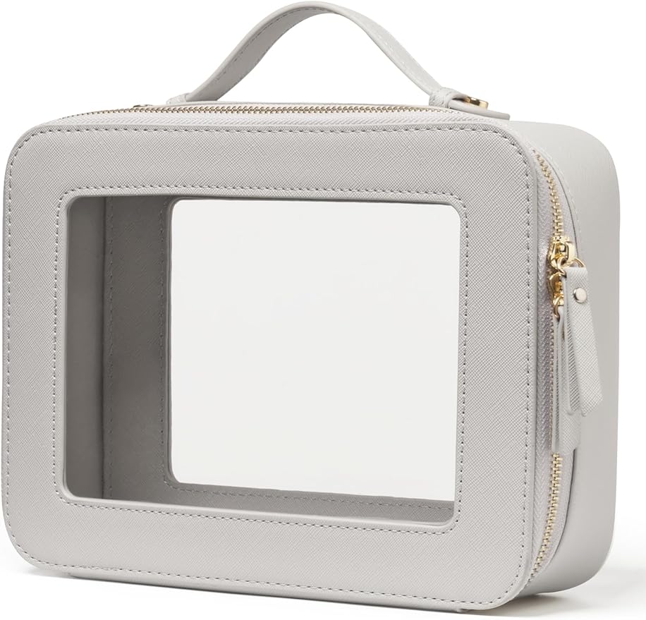 Popvibe Clear Makeup Bag Toiletry Case Travel Transparent Cosmetic Bag with Zipper, Portable Make Up Organizer Traveling Compact Car Bag for Essentials, Beige Grey by POPVIBE