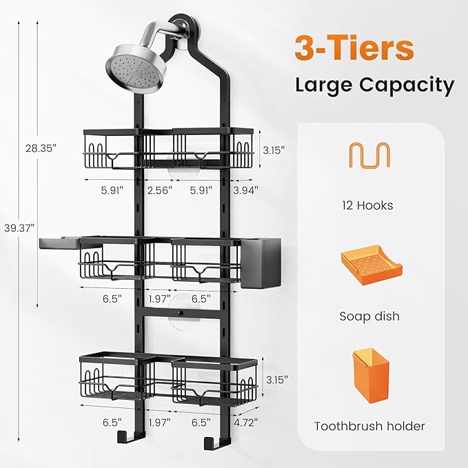 Vatex Shower Caddy Hanging Organizer, 3 Tier Adjustable Bathroom Shelves, Rustproof Over The Showerhead/Door Hanging Shelf for Inside Shower - No Drilling Shower Rack Bath Storage With Soap Holder - Image 3