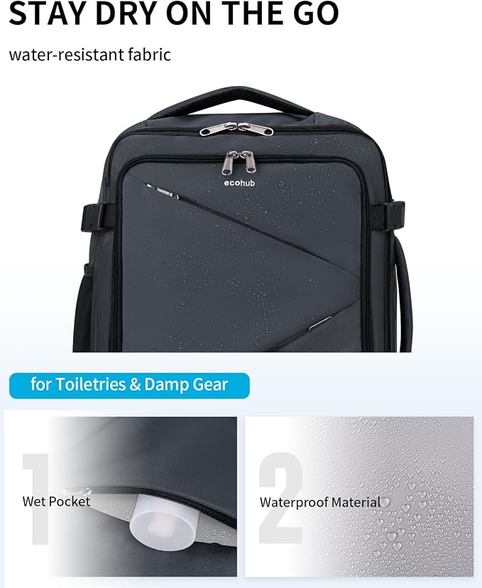 ECOHUB Carry On Travel Backpack, Expandable Airlines Personal Item Bag 18x14x8, Water Resistant 17 inch Laptop Backpack Flight Approved, 12 Pockets 30L Work Backpacks with Wet Pocket Cable Slot, Grey - Image 6