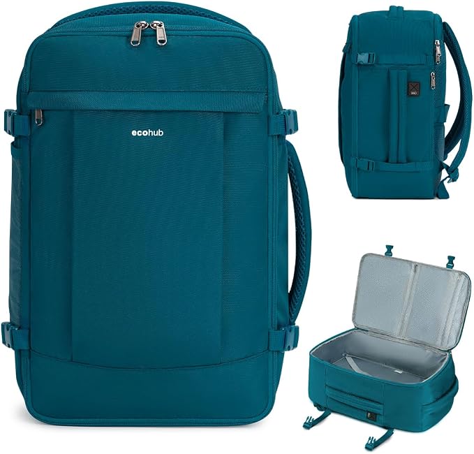ECOHUB Travel Backpack for Men Women, Carry on Backpack with USB Charging Hole, Spirit Airlines Personal Item Bag Flight Approved, 15.6 Inch Laptop Backpack with Anti Theft Pockets, 30L, Blue Green by ECOHUB