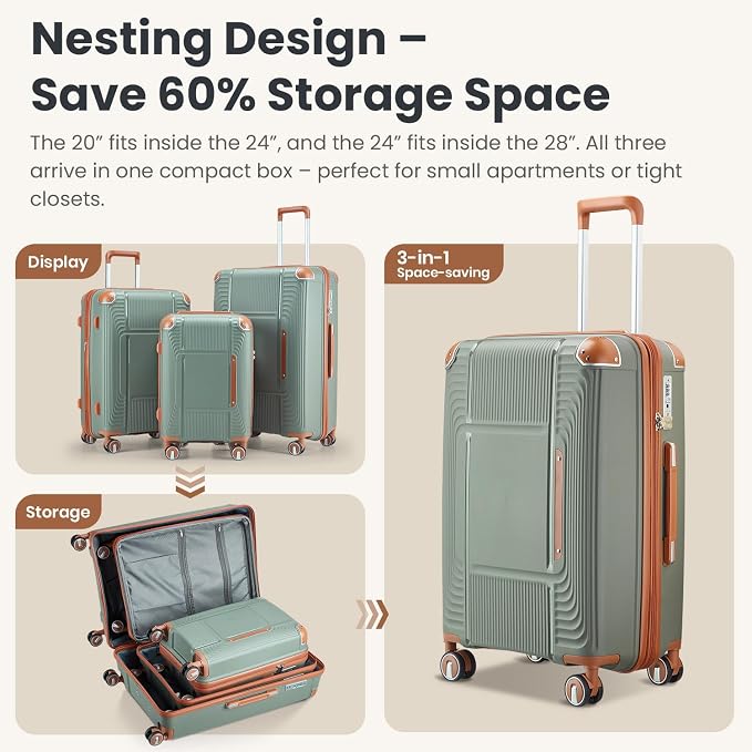 3 Piece Luggage Set PP Hardshell with YKK Zippers, 20/24/28 Inch Suitcases with Detachable Spinner Wheels & Reinforced Corner Guards, Lightweight TSA Lock Nested Set (Sage Green) - Image 9