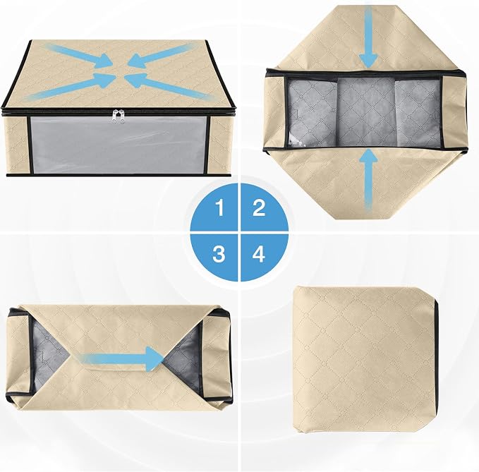 HomeHacks Storage 10-Pack Clothes Organizer Storage Bags Foldable Storage Box with Large Clear Window Sturdy Handles for Closet, Dorm, Pillows, Bedding, Clothes, Blankets, 35L, Beige - Image 3