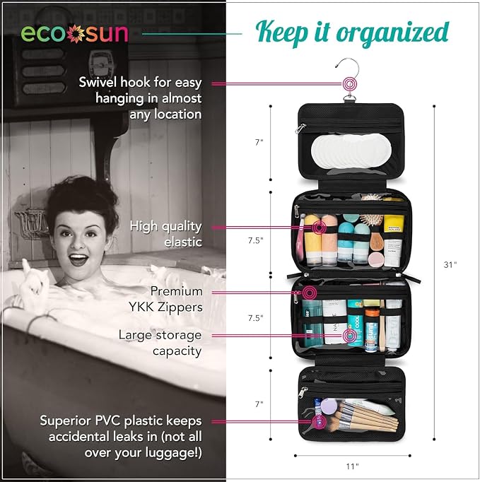 Eco Sun Hanging Travel Toiletry Bag — Designed in Hawaii — Water-resistant Travel Organizer for Bathroom Accessories (Black) - Image 3