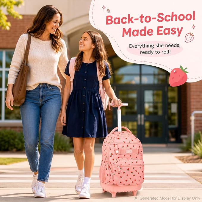 3Pcs Rolling Backpack for Women Girls with Large Wheels, 20 Inches Detachable Wheeled Backpack Set, Adults Water Resistant Roller Backpack for Travel, Work, College School (Pink) - Image 7
