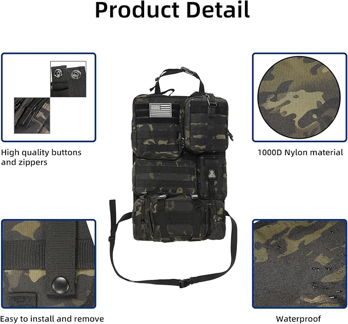 Tactical Car Seat Back Organizer,Tactical Molle Seat Back Organizer with 6 Detachable Molle Pouch,Universal Fits for Car Truck Jeep Vehicle - Image 3