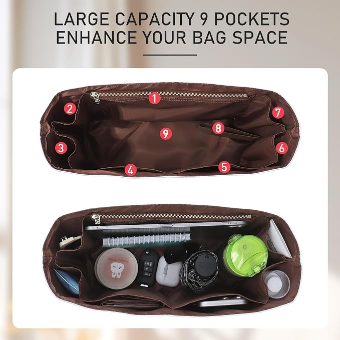 Doxo Purse Organizer Insert for Coach Brooklyn 39 | 9 Pockets with YKK Side Zipper & Elastic Water Bottle Holder | Waterproof Tyvek Bag Organizer for Coach Brooklyn Tote/Shoulder Bag(39, White-Brown) - Image 4