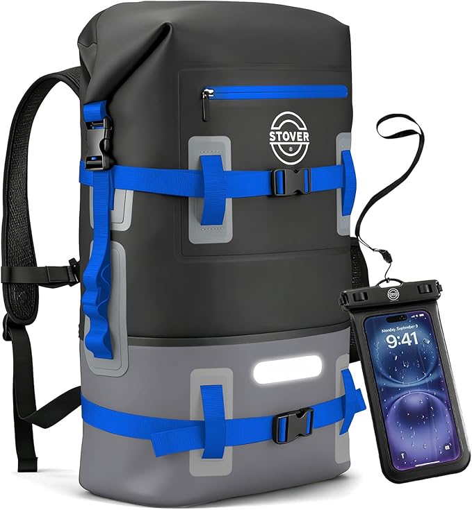 STOVER 30/40/55L Waterproof Dry Backpack & Phone Case - X-Large Floating Dry Bag for Kayaking, Travel, Hiking, Fishing, Camping, Motorcycles & Beach, Heavy-Duty Roll Top Men/Women (Black/Grey/Blue) by STOVER