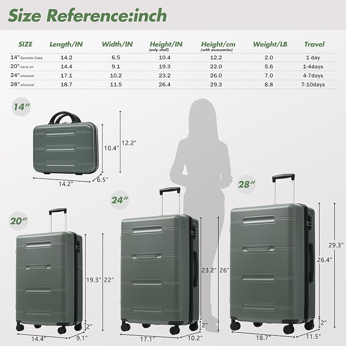 Merax Luggage Set,6 Piece Suitcase with Bags,Lightweight Carry on Luggage | 14/20 IN Airplane Approved,24/28IN Hardside Suitcase with Double Spinner Wheels Handle Password Lock,Army Green - Image 7