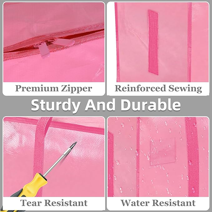 8 Pack-Extra Large Heavy Duty Moving Bags - Waterproof Storage Totes with Handles & Zippers, Foldable for College Dorm, Storage (Pink) - Image 4