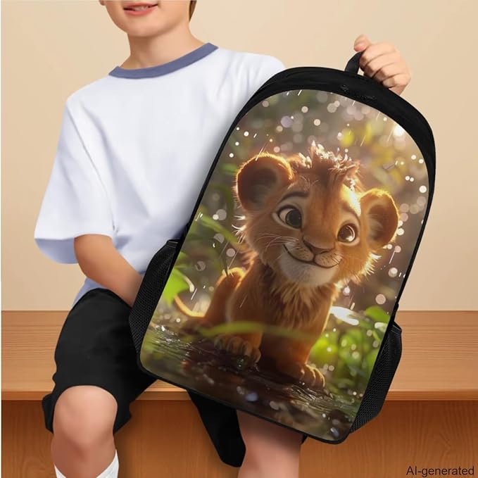 Lion Backpack for Kids Girls Backpack with Lunch Box Water Bottle Holder and Soft Pencil Pouch 4PCS Set Cute Bookbag with Compartments 17 inch Large School Bag for Boys Back to School Supplies - Image 3
