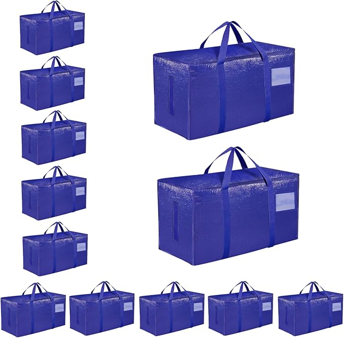 12 Pack-Extra Large Heavy Duty Moving Bags - Waterproof Storage Totes with Handles & Zippers, Foldable for College Dorm, Storage (Blue) by Unknown