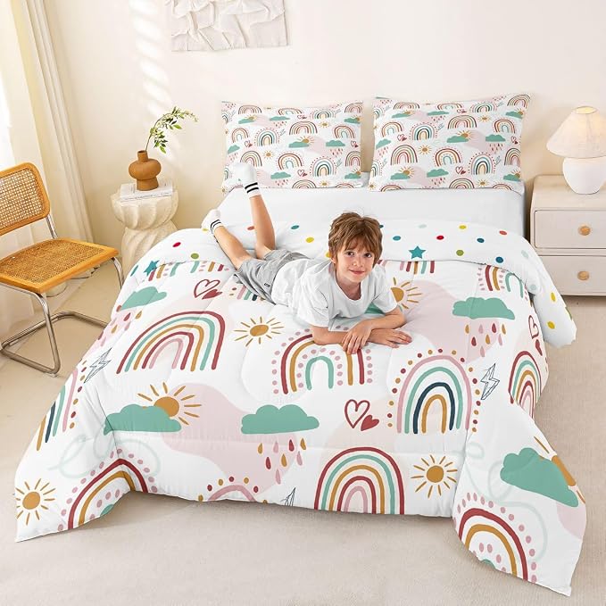Erosebridal Rainbow Quilt for Kids Girls, Cartoon Sun and Clouds Comforter Set & Pillow Cases, Love Heart Down Comforter Iridescent Stripes Hand Drawn Bedding Set Kawaii Room Decor, Queen Size - Image 5