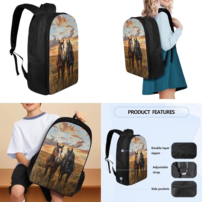Horse Print Kids Backpack Set with Leakproof Lunch Box Cooler Pencil Bag Water Bottle Sleeve Set for Girls Boys, 4 Pcs Schoolbag for Kindergarten Primary Middle Daybag - Image 3