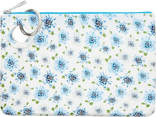 Oventure Large Silicone Pouch - Fifty States Blue Floral Print | Waterproof Zipper Bag & Holiday Gift for Women, Makeup & Travel by Oventure