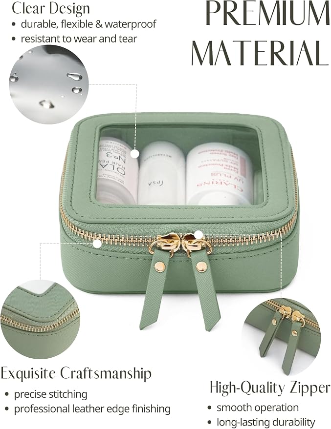 Popvibe Small Clear Makeup Bag Mini Travel Cosmetic Case Transparent Toiletry Bag with Zipper, Portable Make Up Organizer Traveling Compact Car Bag for Essentials, Sage Green, Mini - Image 2