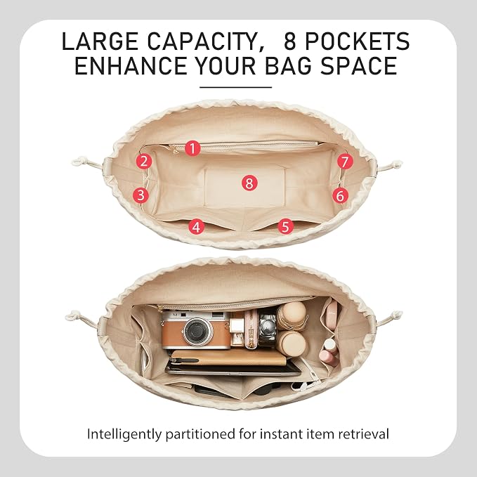 Purse Organizer Insert for Cyme Mini Bag, Cyme Bag Organizer, Canvas | Drawstring Closure, 8 Compartments Purse Insert, YKK Zipper Pocket, Lightweight, Custom Fit, Keeps Handbag Organized, White - Image 3