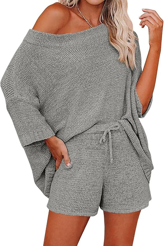 Ermonn Womens 2 Piece Outfits Sweater Sets Off Shoulder Knit Tops Waist Short Suits Casual Pajama Set by Ermonn