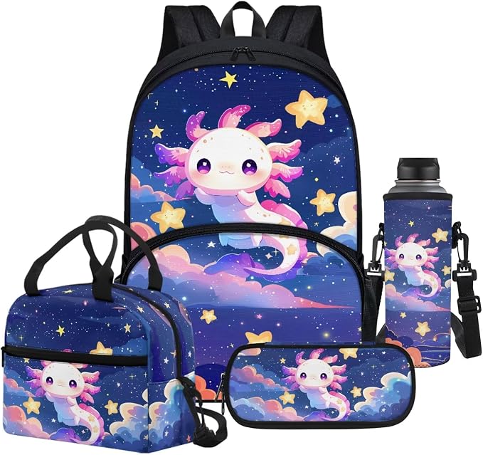 Cartoon Galaxy Axolotl Schoolbag and Lunch Box Pencil Case Water Holder Sleeve for Girls Boys Axolotls Backpack 4pcs Set,Back to School Supplies Axolotl Backpack for Toddler Girl by FUIBENG