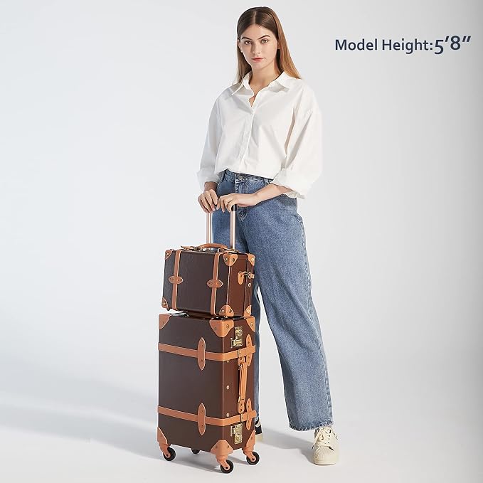 COTRUNKAGE Vintage 2 Piece Luggage Sets TSA Lock Carry On Suitcase for Women with Spinner Wheels, Cocoa Brown - Image 2