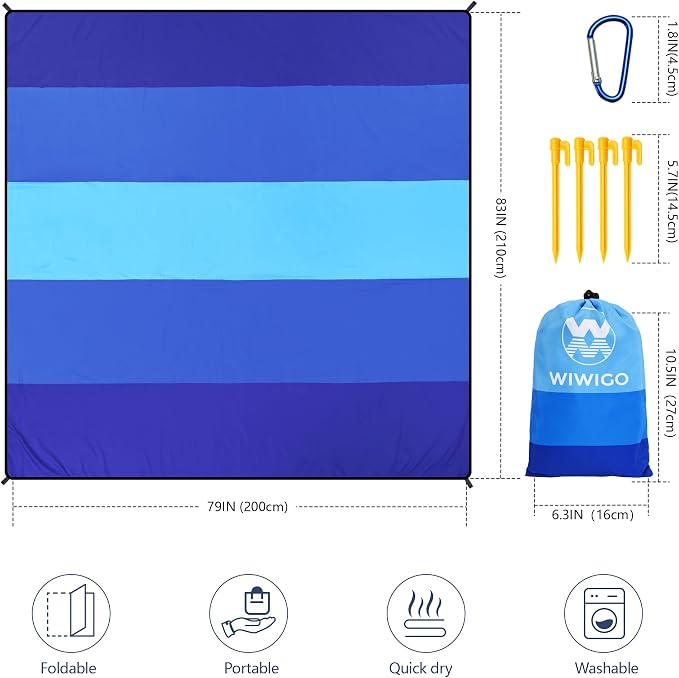 WIWIGO Beach Blanket Waterproof Sandproof Beach Mat 79" X 83"/10'x9'for 2-8 Adults Quick Drying Outdoor Picnic Mat Beach Accessories for Travel, Camping, Hiking - Image 2