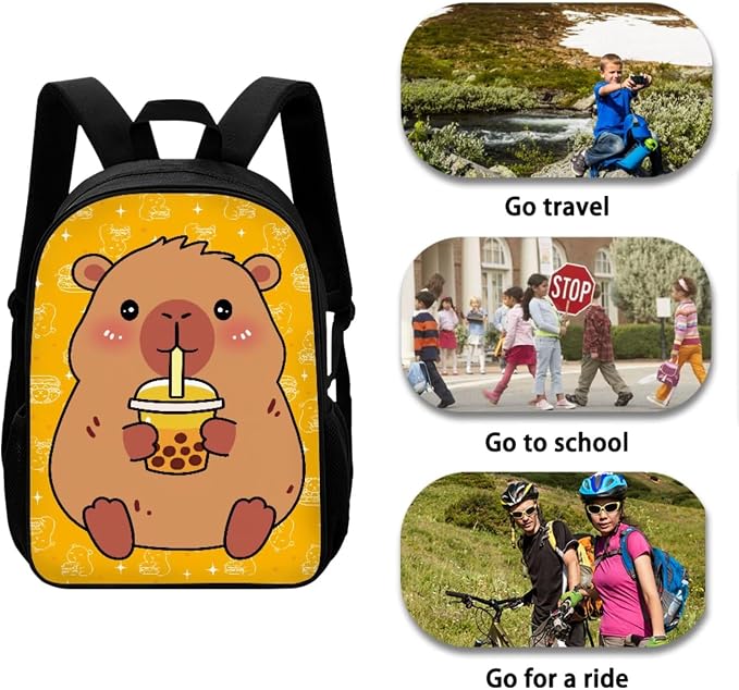 Capybara Bubble Tea Star Print 17 Inch Backpack Schoolbag 3 Piece for Boy Girl, Lightweight Daypack Set with Reusable Lunch Box and Pencil Bag, Durable School Bookbag Set, Yellow - Image 3