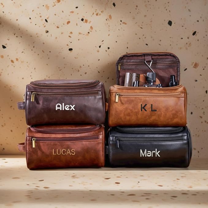 GOPHIE Personalized Embroidered Men's Leather Toiletry Bag,Travel Toiletry Bag for Men,PU Leather Waterproof Travel Shaving Dopp Kit (3, Coffee) - Image 5