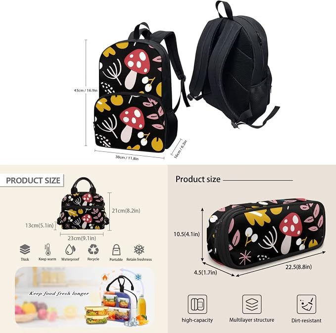Black Cartoon Mushroom Backpack with Lunch Box and Pencil Case Girls Comfy Padded Cute School Backpack Set of 3 Bookbag for Student Lightweight Large Capacity Daypack - Image 4