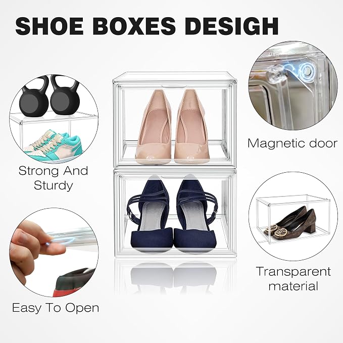 2 Pack Drop Front Acrylic Shoe Boxes with Magnetic Door Fit US Size 12, Clear Stackable Shoe Organizer for Closet, Entryway, Underbed, Multiple Display Cases for Hats, Figures, Sneakers - Image 4