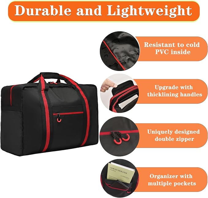Duffle Bag for Travel Heavy Duty Large Weekender Bag Foldable 65L Overnight Bags for Women Men, Red - Image 3