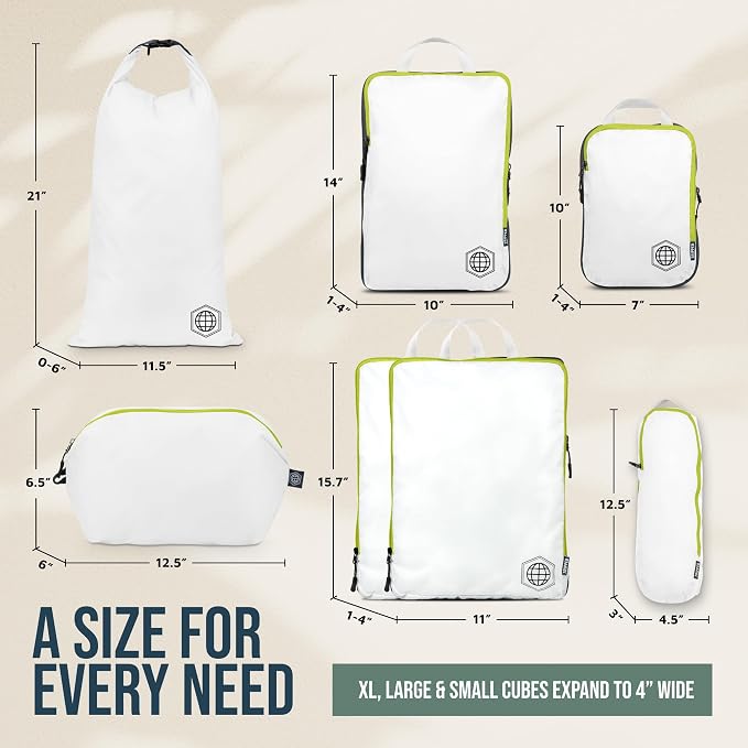 Large Compression Packing Cubes for Travel-Packing Cube Luggage Organizers 7 Piece Set for Checked Luggage-Ultralight, Expandable/Compression Bags by TRIPPED Travel Gear (White/Green) - Image 4
