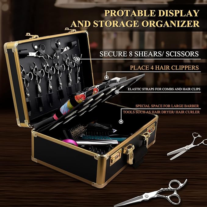 Barber Case Clipper Bag Gold, Hair Kit Tool Box Aluminum Organizer with Portable Handle and Secure Numlock for Scissors, Clippers, Barber Supplies 15.7" x 12" x 6.1" - Image 7