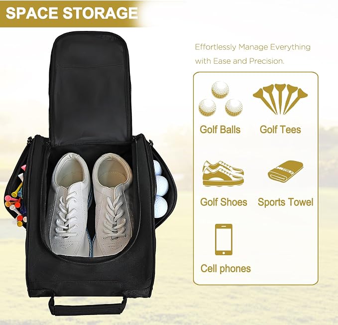 Goloni 2 Pcs Golf Shoe Bag for Men & Women, Padded Travel Shoe Bag with Side Accessory Pockets,Sport Shoe Carrier for Golf Shoes,Socks,Tees & Balls,Durable & Lightweight Design(Black) - Image 2