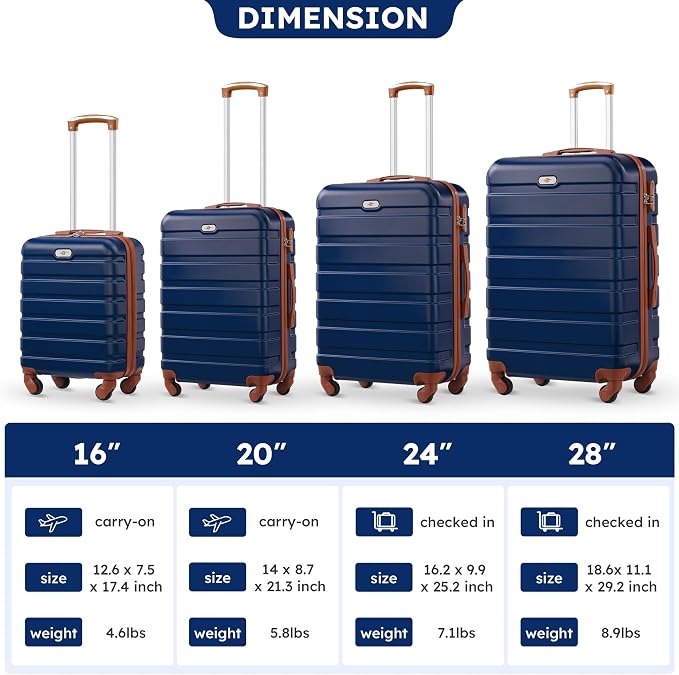 Suitour 4 Piece Luggage Sets, Hard Shell Suitcase Set with Spinner Wheels 16 20 24 28inch Travel Sets(Navy Brown) - Image 9