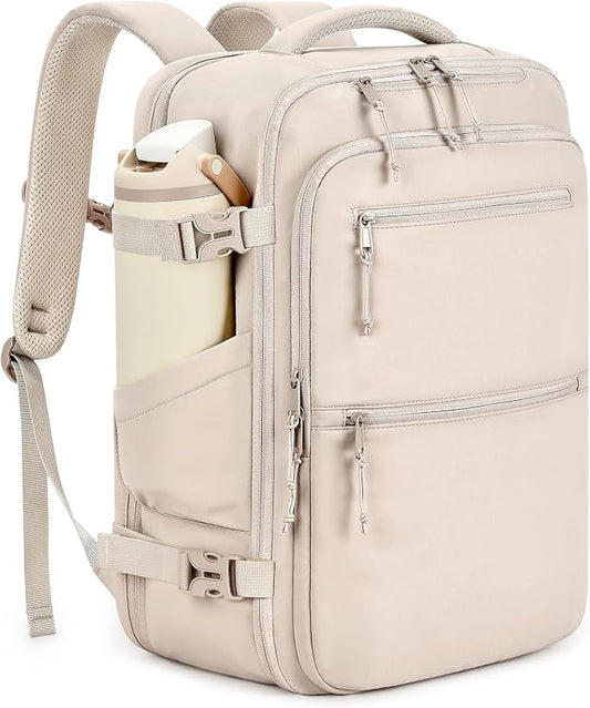 mibasies 40L Travel Backpack for Women & Men: Carry On Luggage Flight Approved, TSA Laptop Backpack with Water Bottle Pocket, Personal Item Bag Fits 17" Laptop for Weekender Business - Beige by mibasies