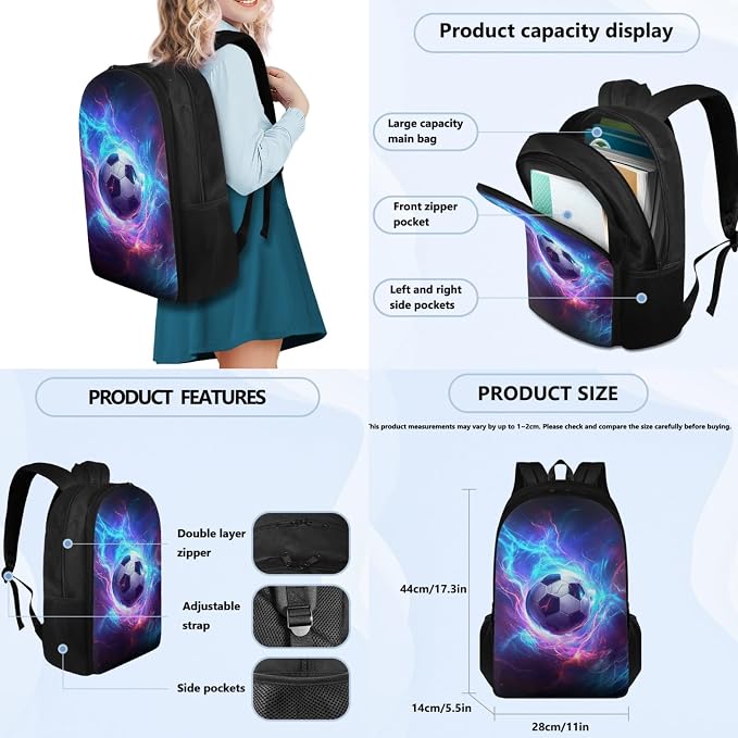Coloranimal Lighting Football Backpack Set School Bag for Boys, Lightweight Book Bag for Kids School Backpack Mini Lunch Bag Pencil Case Back to School Gifts - Image 2