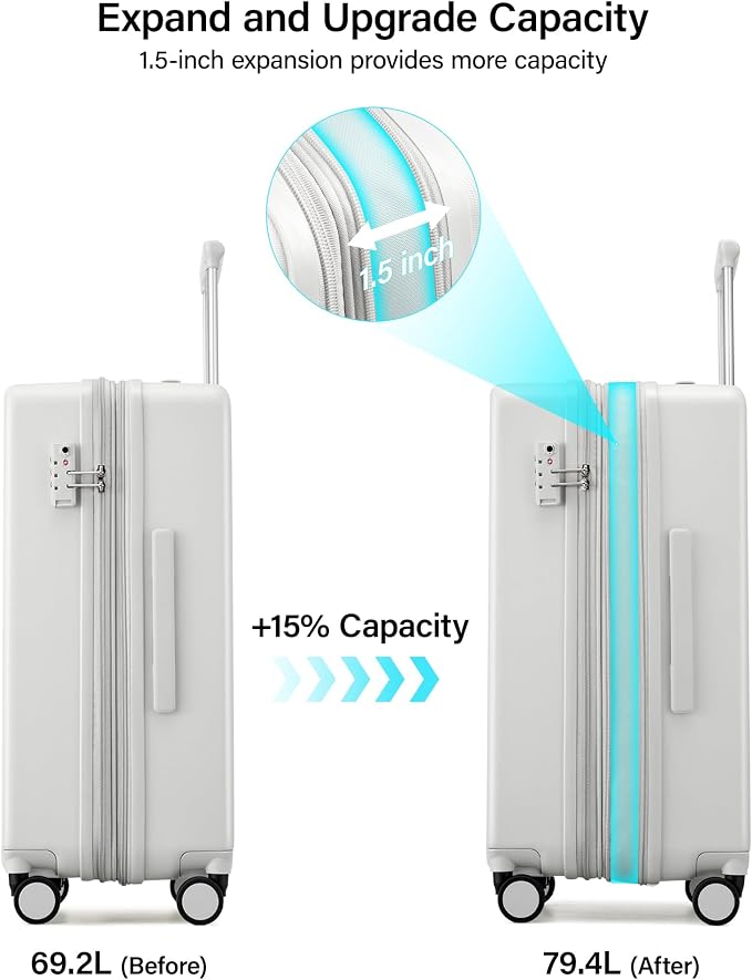 Hanke 24 Inch Expandable Hard Sided Luggage with Spinner Wheels, Checked Luggage for Travel, Hard Shell Suitcases With Wheels Durable Medium Suitcase for Woman Men with Tsa Lock(Smoke White) - Image 3