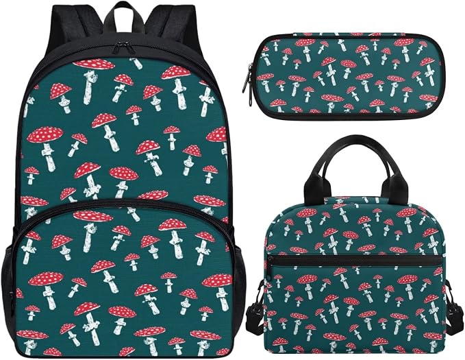 Green Mushroom Backpack with Lunch Box and Pencil Case Girls Comfy Padded Cute School Backpack Set of 3 Bookbag for Student Lightweight Large Capacity Daypack - Image 2