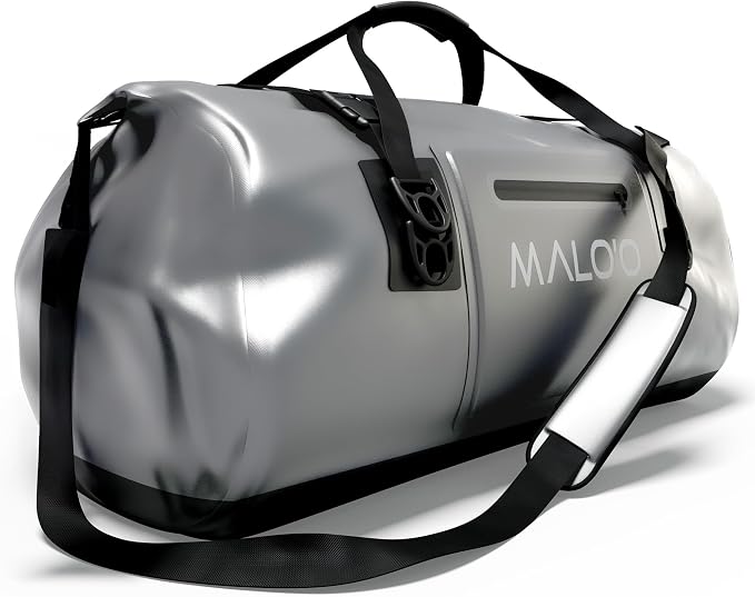 Malo’o Waterproof Dry Duffel, Heavy-Duty Roll Top Waterproof Gear Bag with Shoulder Strap & Molle Loops, Marine Duffel for Kayaking, Boating, Camping, Beach & Travel, Grey, 60L by Maloo