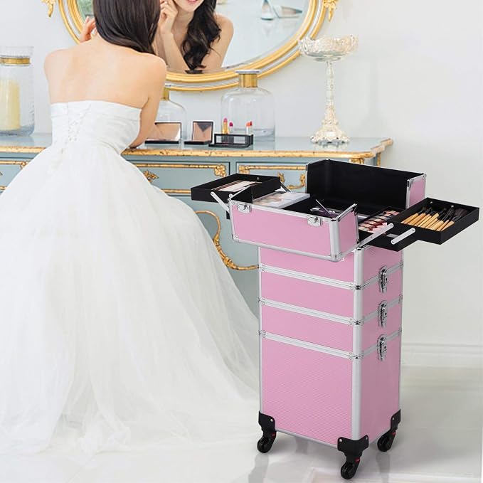 Topeakmart 4-in-1 Cosmetology Case on Wheels Lockable Makeup Trolley Pink | Reinforced with aluminum trim and steel corners, this rolling makeup train case organizes and locks supplies anywhere - Image 9