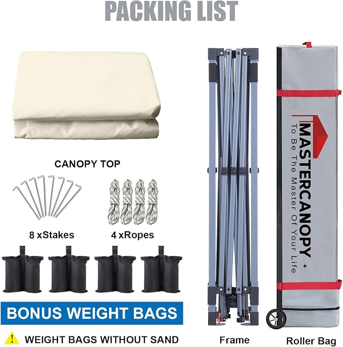 MASTERCANOPY 10x10 Pop Up Canopy Tent, 1 Person Setup Instant Shelter,Outdoor Portable Beach Canopy with Roller Bag, 4 Sandbags, 4 Ropes, 8 Stakes (10x10, Beige) - Image 5