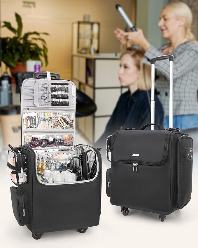 Relavel Rolling Makeup Train Case, Professional Hairstylist Traveling Bag with 4 Wheels & 2 Pouches, Adjustable Dividers, Heat Insulation Full Layer, Portable Cosmetics Storage Organizer Suitcase - Image 2