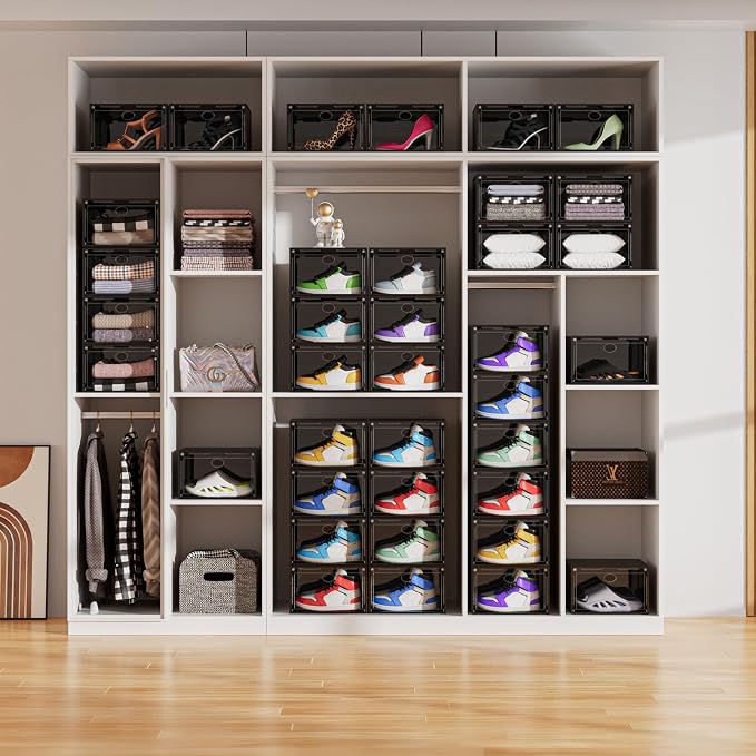 Large Shoe Boxes Clear Plastic Stackable, 8 Pack Drop Side Shoe Storage Organizer with Magnetic Door, Shoe Container Sneaker Storage Display Case Fit up to US Size 13 Black - Image 8