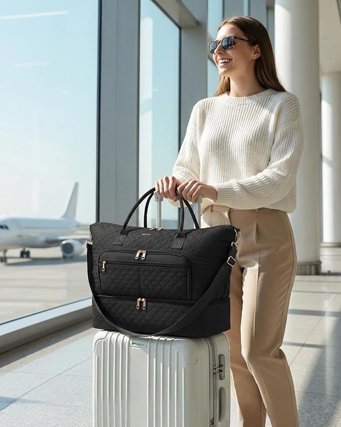 HOTOR Travel Duffle Bag for Women - Carry on Bag with Toiletry Pouch & Shoe Compartment, Large Overnight Weekender Bags for Gym, Business Trips, Sports and Hospital, Black, 17.3" x 7.9" x 13.4" - Image 6