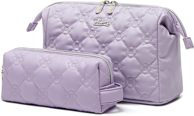 BOYATU Travel Makeup Bag Cosmetic Pouch: 2 Pcs Set Waterproof Vegan Leather Cosmetic Bags for Women - Cute Quilted Skincare Make up Toiletry Bag for Girl (03-Purple) - Image 2