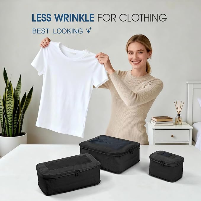 Compression Packing Cubes - Travel Organizer Bags for Suitcases and Luggage, Eco-Friendly Fabric (5-Pack) (Black) - Image 5